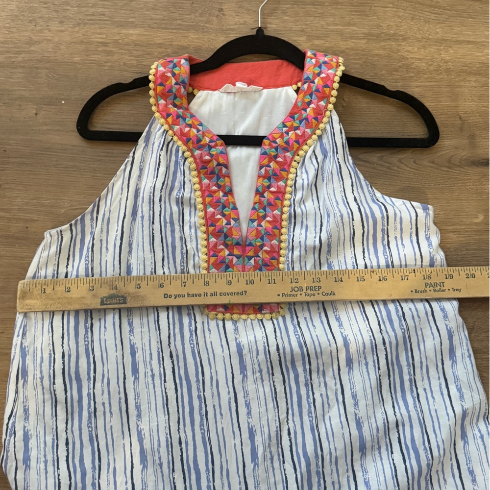 THML Women’s Dress with Blue Stripes and Embroidered Geometric Neckline - Picture 3 of 8